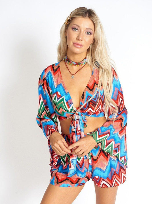 Rainbow Waves Bohemian Front Tying Crop Top